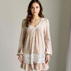 Ryu Crochet Floral Lace Cottagecore Balloon Sleeve Button Front Tunic Dress